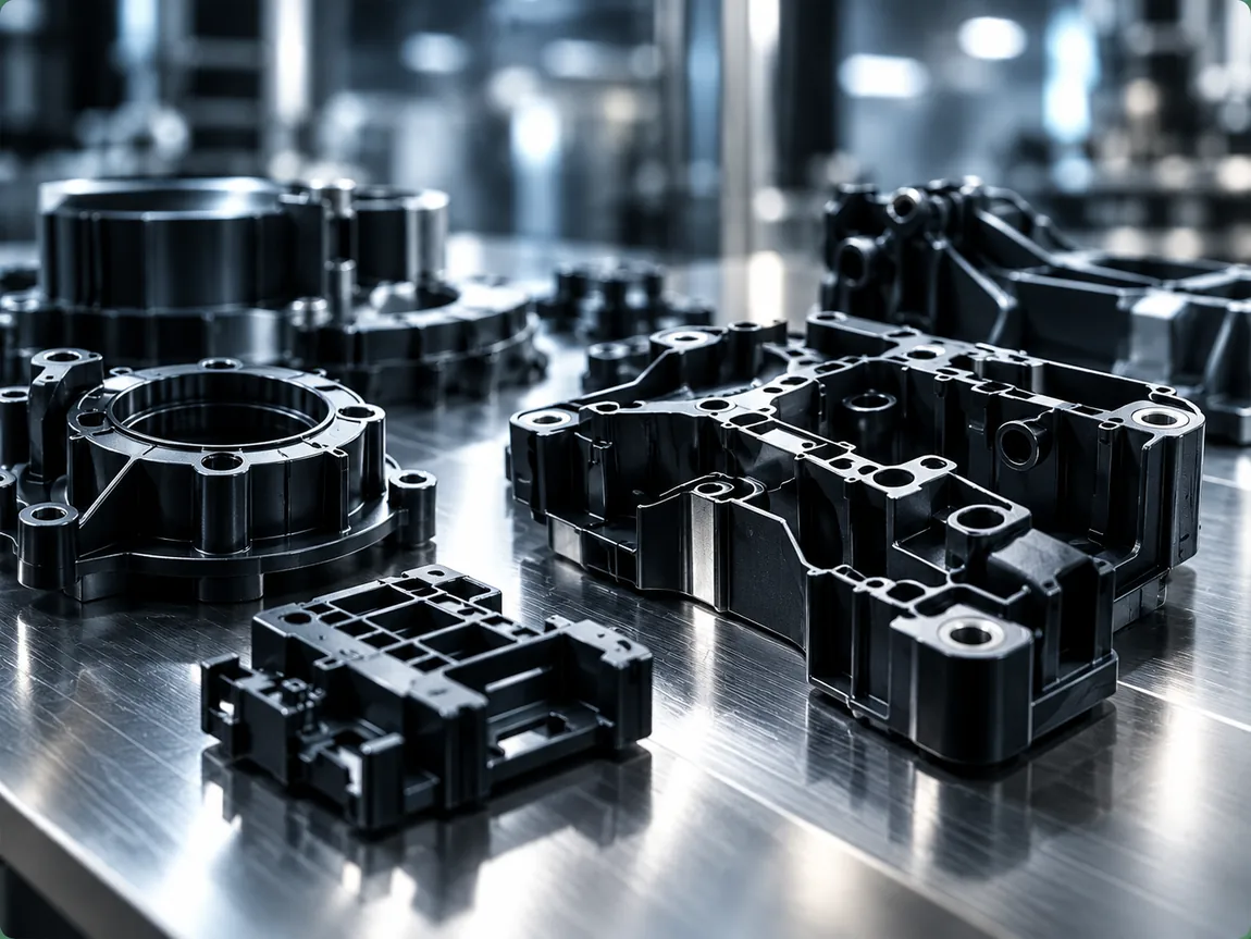 Componentes plásticos industriais pretos, fotografia ilustrativa